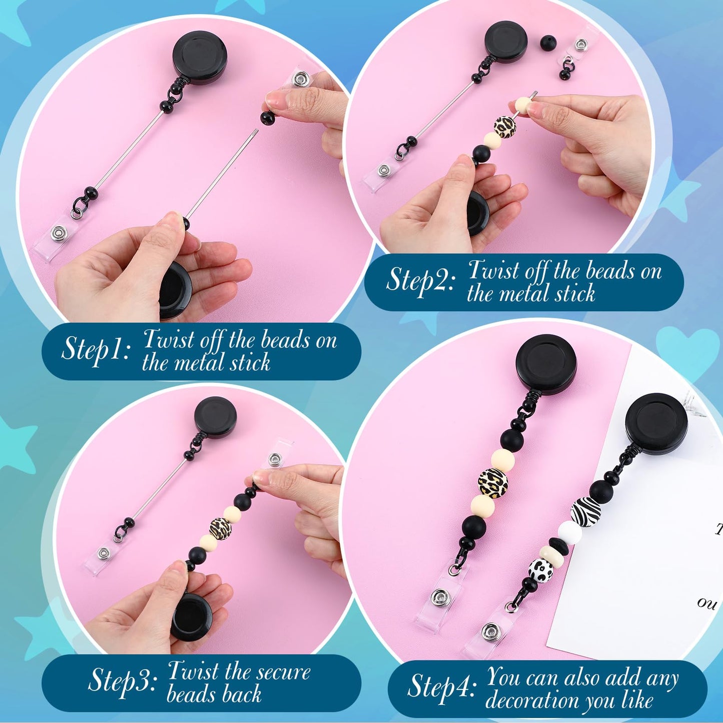 Sayglossy 24 Pcs Beadable Badge Reel Retractable Clips Holder for Beads Bulk Blank Bar ID Name Badge Reels with Belt Clip Beadable Jewelry DIY Gift for Nurse Teacher Office Supplies (Black)