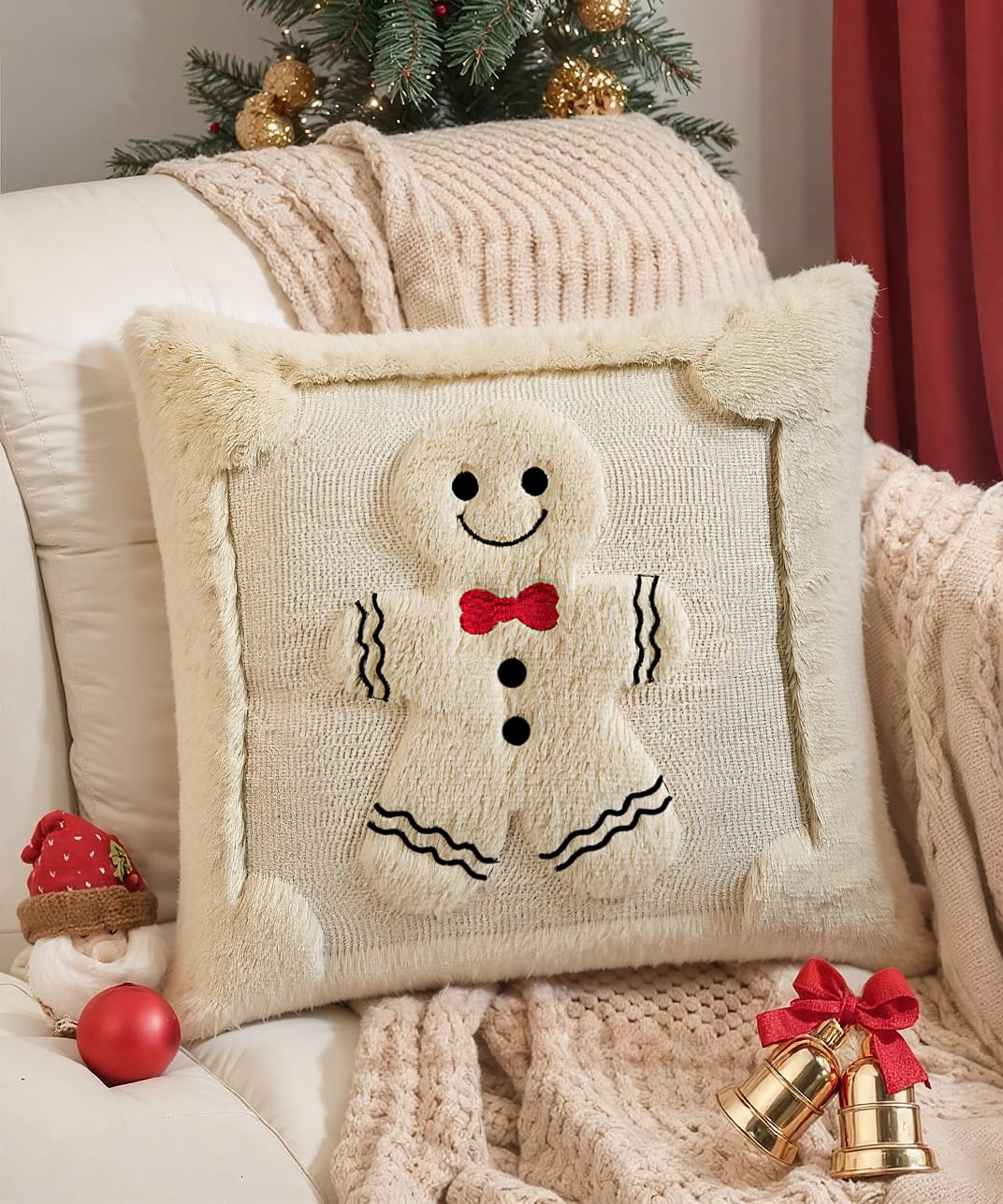 SEGXCFL Christmas Pillow Covers Set of 2 Soft Plush Faux Fur Pillow Cases 3D Embroidered Decorative Couch Cover Home Decor Christmas Throw Pillow Covers 18x18,Beige Gingerbread Man