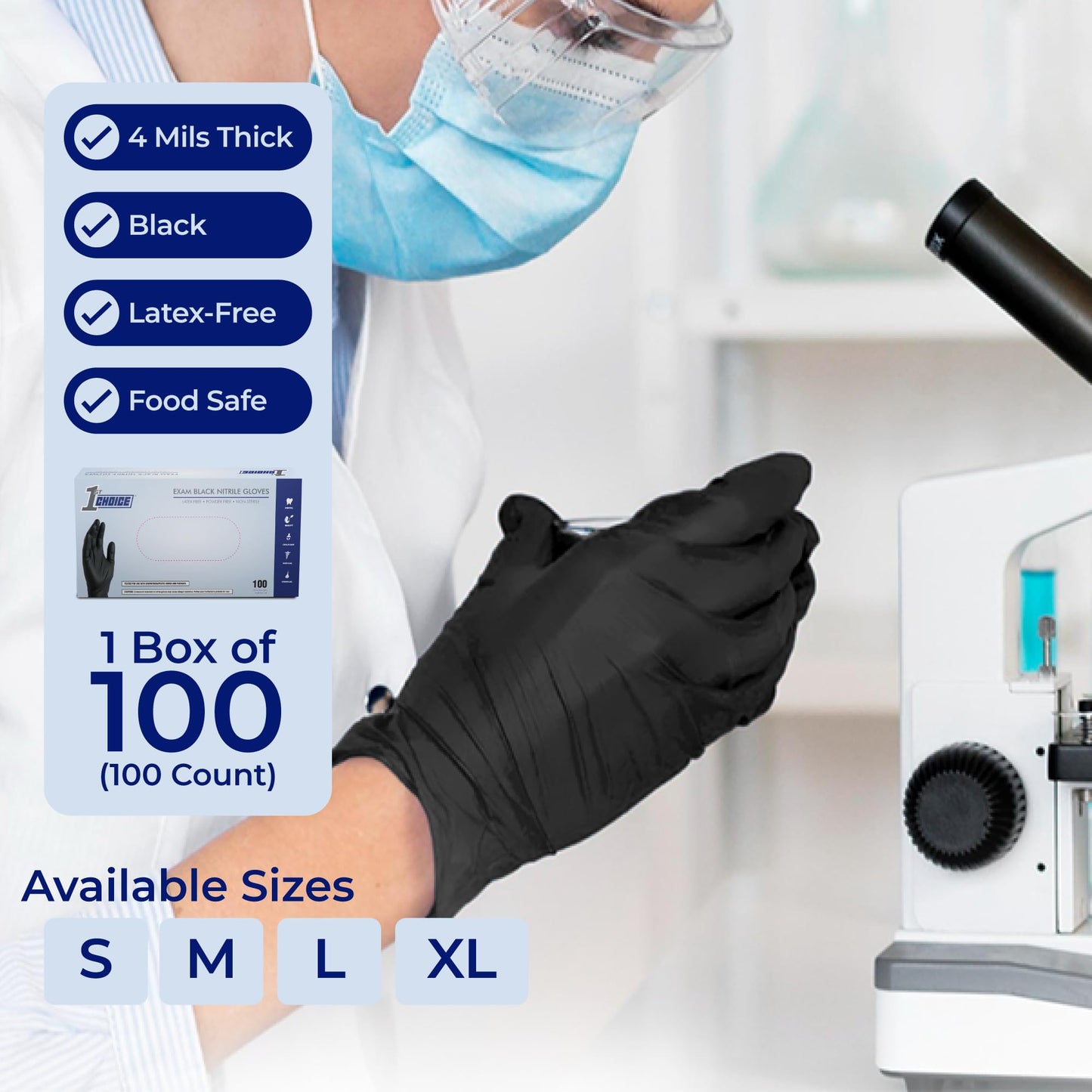 1st Choice Black Nitrile Exam Gloves 4 Mil Disposable Nitrile Food Safe for Cooking, Cleaning, Salon Use, Large, Box of 100