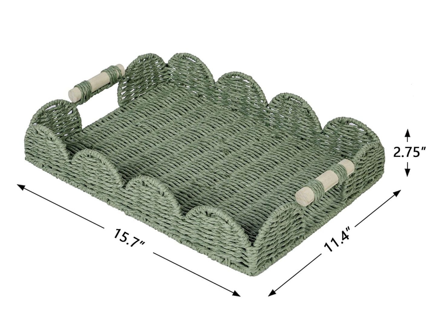 CubesLand Rectangular Scalloped Decorative Centerpiece Tray for Coffee Table, Home Decor, Living Room - Green Tray w/Wooden Handle – Warm and Elegant for Holidays, Housewarmings - Candle Plate Holder