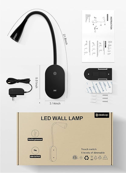deeloop LED Wall Mount Reading Light for Bed, Reading Lamp with USB Output 5 Brightness Levels Touch Control Book Lights, 4000K Bedside Lamp Flexible Gooseneck, 2 Easy Install Options