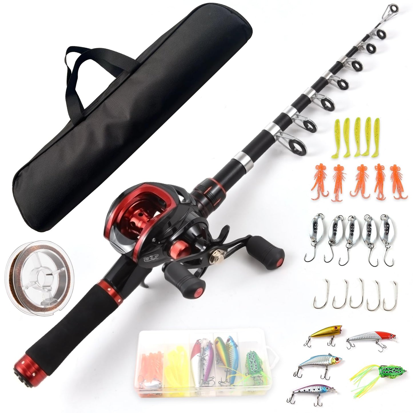 Lixada Fishing Rod and Reel Combo with Fishing Lures for Adult, 6.89ft/2.1m Telescopic Fishing Rod with Baitcasting Reel 18+1BB Right/Left Hand Portable Fishing Kits Complete for Fishing Trip
