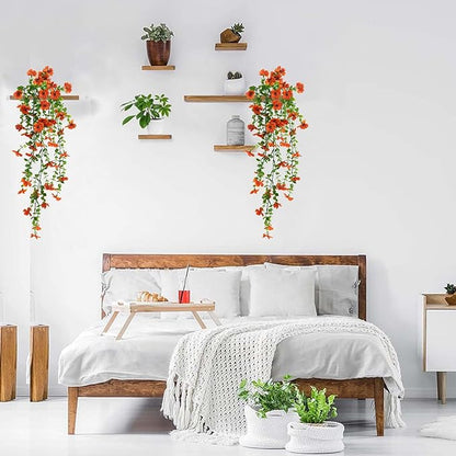 Artificial Flowers for Fall Decor, Artificial Hanging Flowers for Outdoors, 4pcs Realistic Faux Daisy Baskets Fake Plants, Autumn Leaves for Thanksgiving Garden Front Porch Courtyard Patio (Orange)