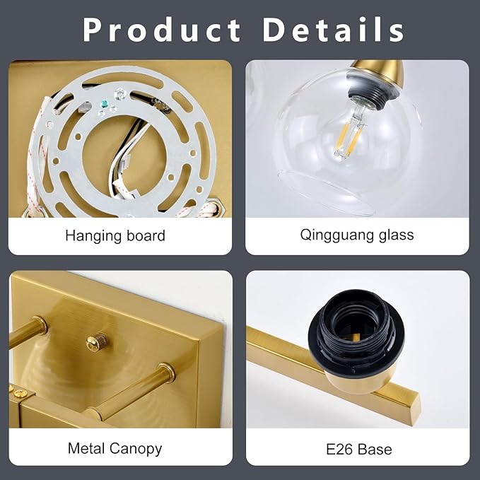 5-Light Bathroom Light Fixtures, Gold Vanity Light with Ultra-Clear Hand-Blown Glass, Durable & Scratch-Resistant, Wall Lamp for Mirror, Bedroom, Hallway