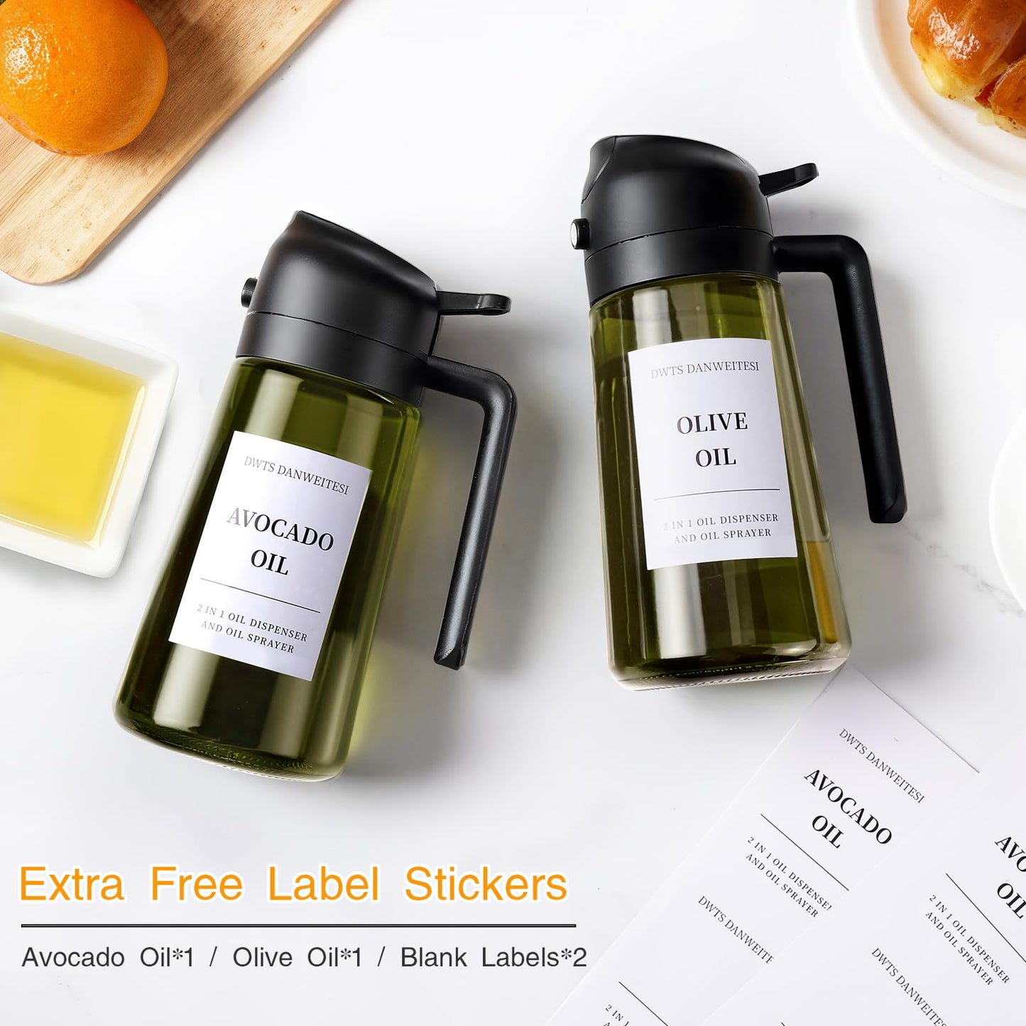 Oil Sprayer for Cooking 2pcs,2 in 1 Oil Dispenser and Oils Sprayer Kitchen Gadgets-16oz Glass Oils Spray Bottle,Mist Olive OilDispenser,Air Fryer,Salad,Grill (White Kitchen Accessories)