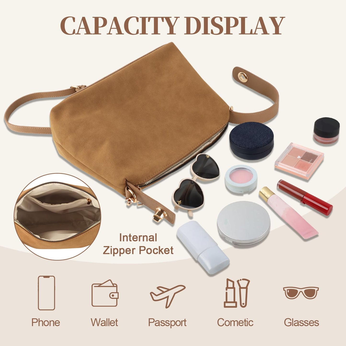 Leather Suede Tote Bags for Women, Brown Suede Purse Handbag Retro Top Handle Bag with Adjustable Strap, Hobo Crossbody Bag Crescent Satchels Shoulder Bag (Brown)