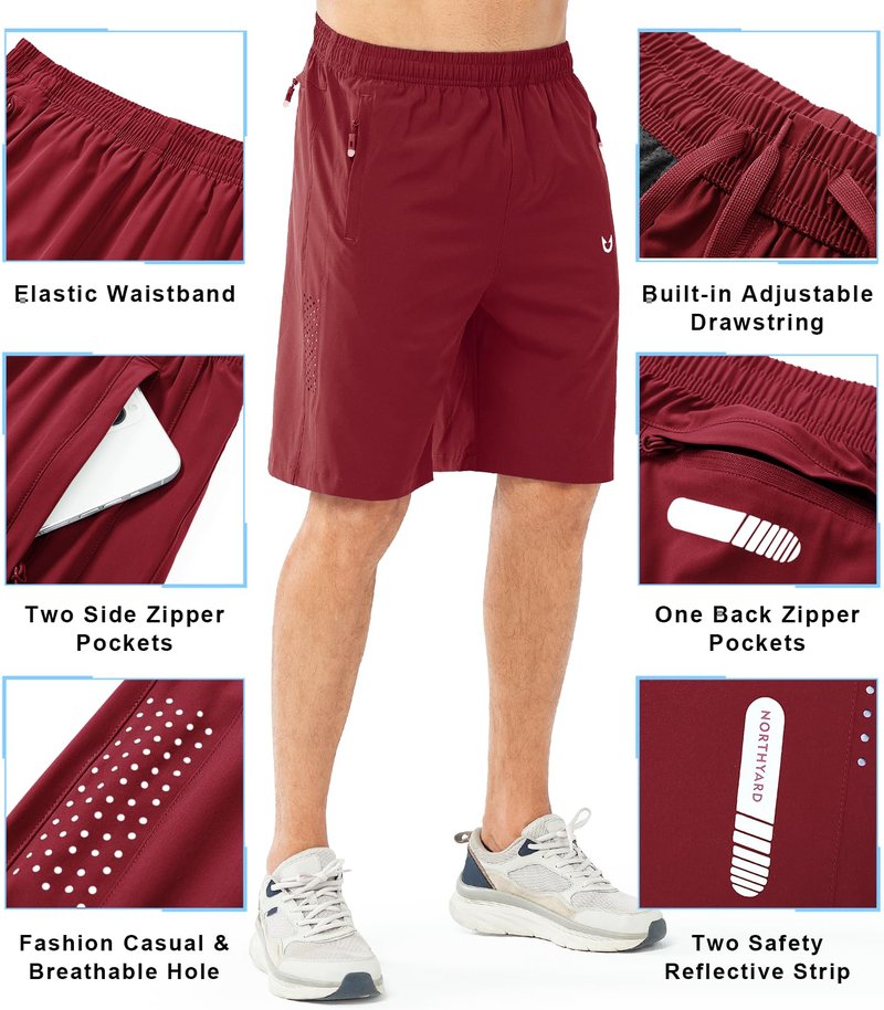 NORTHYARD Men's Athletic Running Shorts Gym Workout 7"/9"/5" Quick Dry Lightweight Sports Basketball Tennis 3 Zipper Pockets WINERED-9inch 4XL