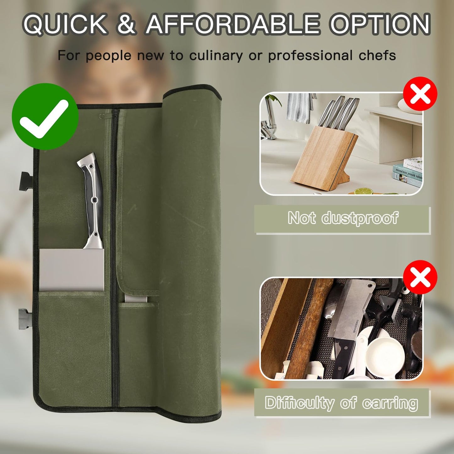 Parsuko Chef Knife Roll Bag,Waterproof Waxed Canvas Knife Case Holds,Knives Roll Bags for Chefs Professional with Adjustable Strap,Chef Backpack with 10 Knife Slots and a Large Zippered Pocket