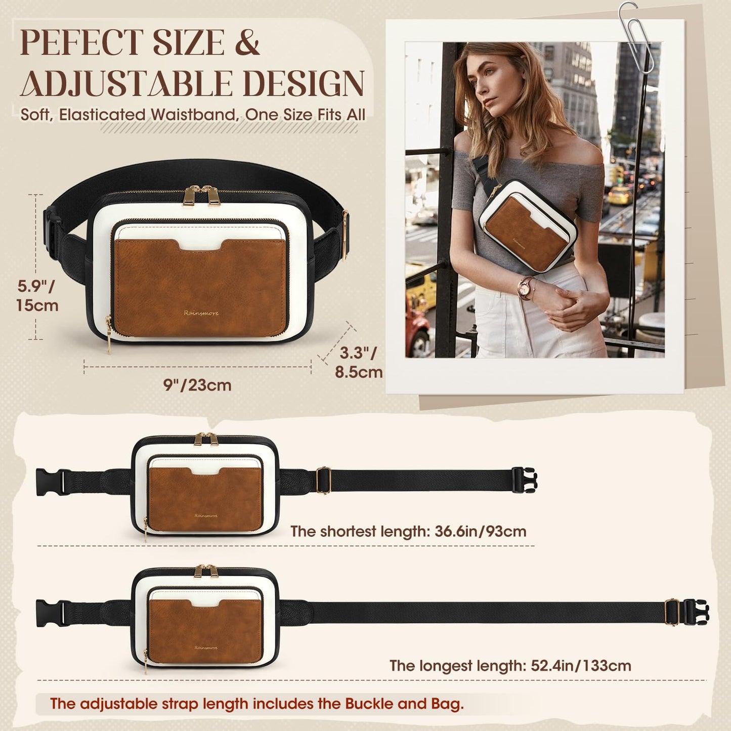 RAINSMORE Fanny Packs for Women, Leather Belt Bag Waterproof Everywhere Crossbody Waist Pack with Adjustable Strap Retro Sling Chest Bag for Work Running Travel Party, Black and Brown with White