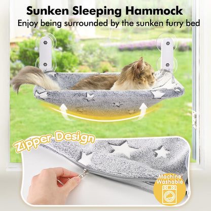 Zoratoo Cat Window Perch, Glow in The Dark Cordless Foldable Pet Hammock Bed for Window with Sturdy Metal Frame, Glowing Stars Pattern Resting Seat for Indoor Cats (Stars - M)