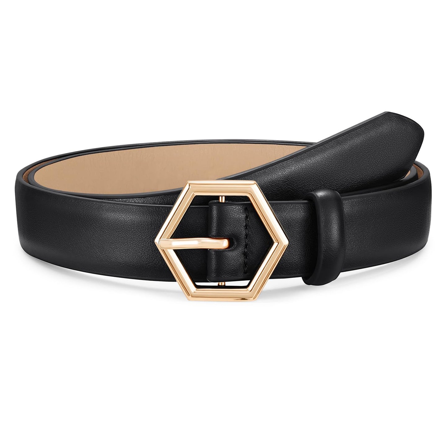 WHIPPY Skinny Leather Belt for Women Casual Waist Belt for Jeans Pants Fashion Ladies Thin Belt with Gold Buckle, Black, M