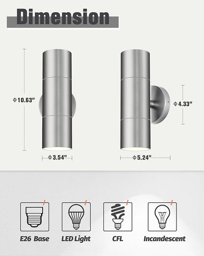 Ken & Ricky 2 Pack Stainless Steel Outdoor Wall Lights, Up Down Exterior Lighting Fixtures, Cylinder Outdoor Sconce Lights, Brushed Nickel Patio Wall Light Fixture, KR3305-SS-2PK