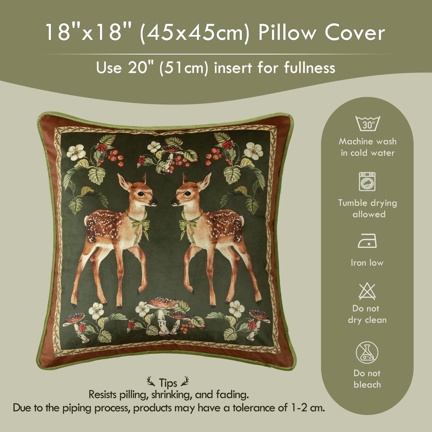 Livebee Holly Deer Green Pillow Cover, Velvet Euro Sham Covers Decorative Throw Pillow Covers 18x18 for Couch Sofa Bed Living Room