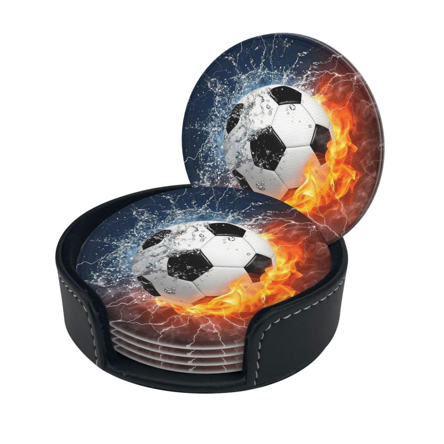 BOXIMIAO Drink Coasters with Holder Stand Set of 6, Soccer Fire Water Pu Leather Absorbent Coasters with Cork Base Table Coaster Round Coasters for Housewarming Apartment Kitchen Bar Decor