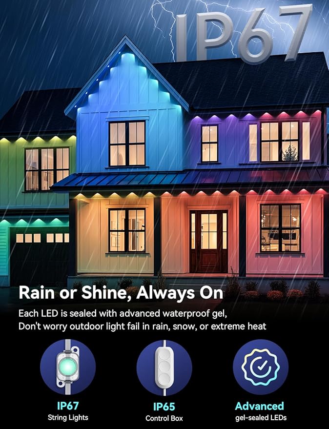 Permanent Outdoor Lights, RGB+IC Smart Outdoor Halloween Lights for House, 300ft with 150 LED, IP67 Waterproof LED Light for Halloween Christmas Decorations, Work with Remote, APP