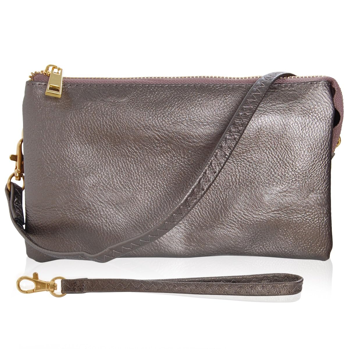 Clutch Purse Wristlets for Women - Dark Silver Vegan Leather Clutch Purses for Women, Metallic Gunmetal Crossbody Small Wristlet Wallets, Bronze Crossbody Handbag, Vegan Leather Bag with Wrist Strap