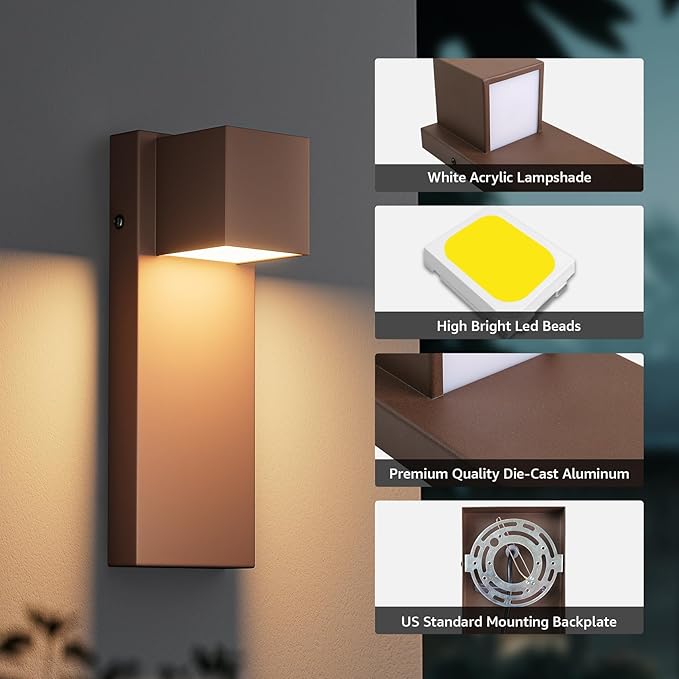 2 Pack 13" Modern Outdoor Led Wall Light,16W 3000K 1200Lumen Porch & Patio Hardwired Wall Mount Wall Sconces,Exterior IP65 Waterproof Aluminum Wall Lamp for Front Door Garage Garden(Rust)