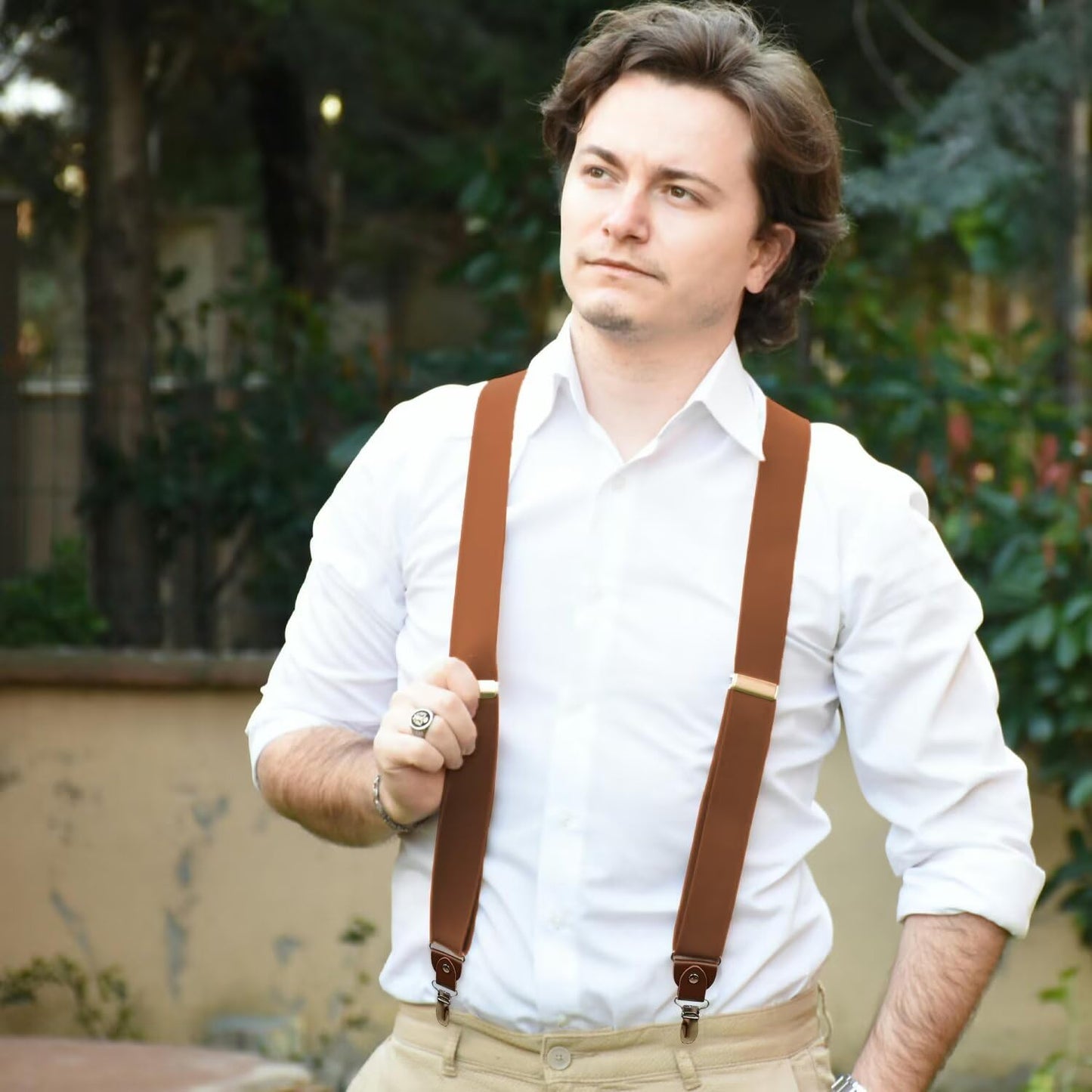 PAPA LEGGENDA Brown Suspenders for Men Heavy Duty Adjustable Elastic Shoulder Straps with 4 Super Strong Metal Clips Perfect for Comfort and Style Mens Suspenders