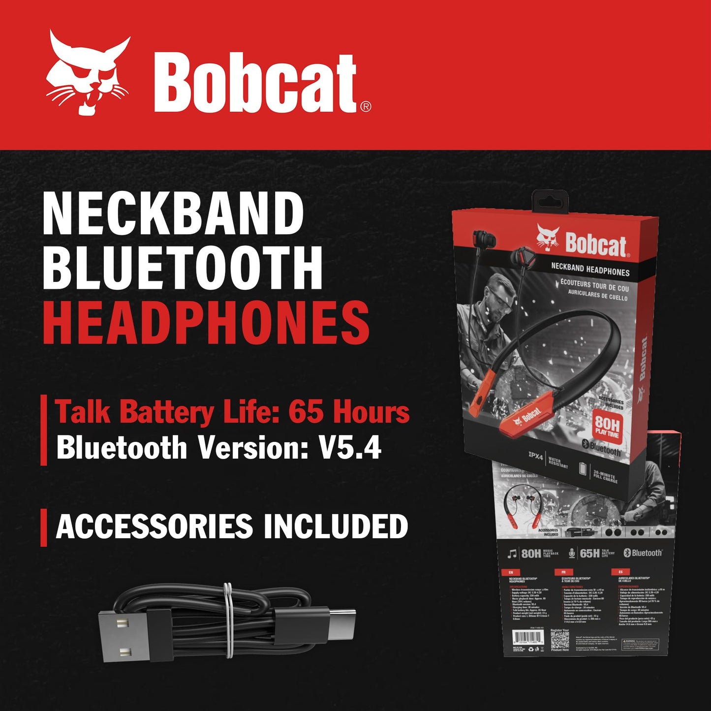CJ TECH Bobcat Neckband Bluetooth Headphones - Earphones with Microphone, 80H Battery, Fast Charging - IPX4 Sweatproof Sports Headphones for Running, Jobsite, Gym, and Workout