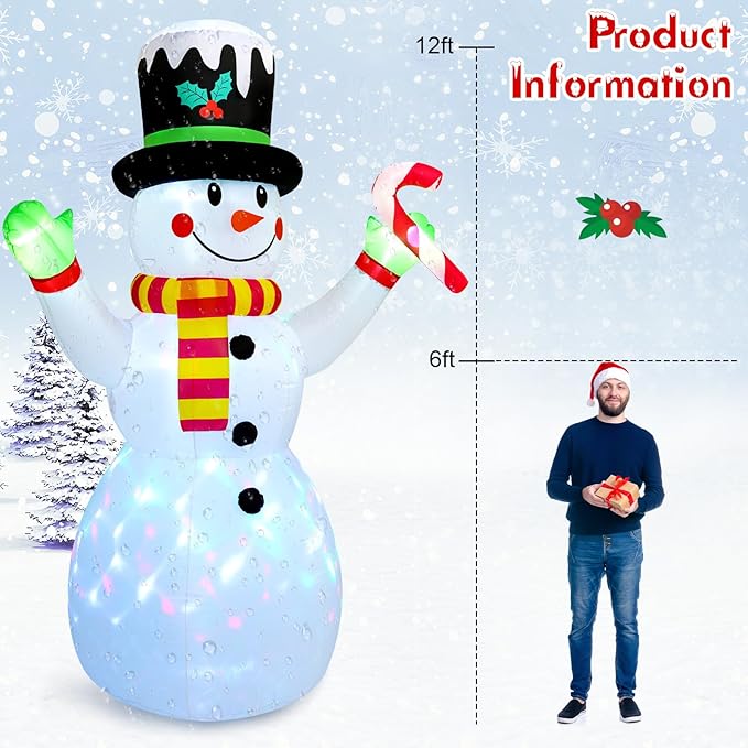 FRAMICS 12 FT Christmas Inflatable Outdoor Decoration,Snowman Christmas Inflatable Blow Up Christmas Decorations Outdoor with Built-in Colorful Rotating LEDs for Holiday Indoor Outdoor Garden