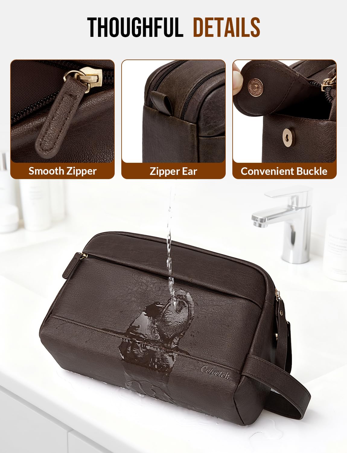 Celvetch PU Leather Toiletry Bag for Men - Water Resistant Travel Bag for Toiletries, Bathroom Essentials, Accessories - Dark Brown