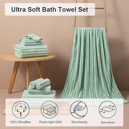Oliven 4 Piece Green Cabana Stripe Large Bath Towels Oversized Bath Sheet Super