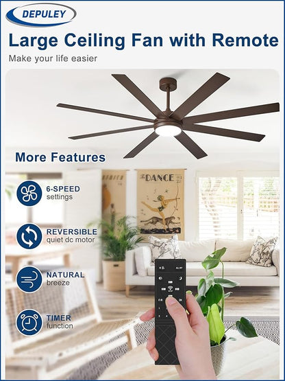 Depuley 72" Ceiling Fans with Lights: Large Indoor/Outdoor Ceiling Fan for Patios Living Room - 8 Blades Brown Dimmable Ceiling Fans with Remote APP Control Timer Reversible Quiet DC Motor 6 Speeds