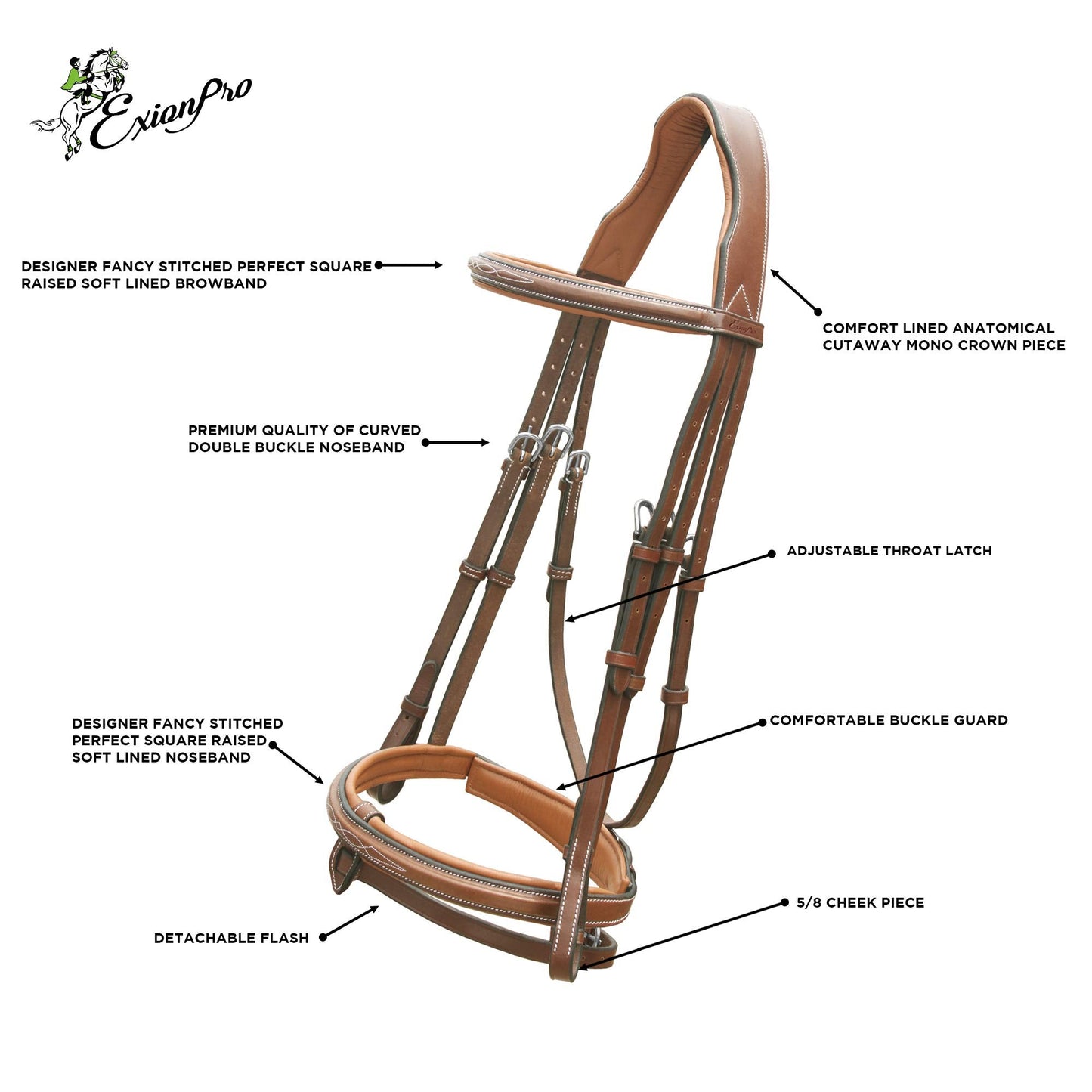 ExionPro Anatomical Snaffle Jumping Bridle for Horses with Removable Flash Noseband & Rubber Reins – Premium Vegetable-Tanned Leather, SS Buckles, Padded MonoCrown, Designer Stitching