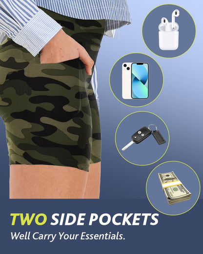 CAMPSNAIL Biker Shorts Women with Pockets - 3"/5"/8" High Waisted Workout Spandex Tummy Control Gym Running Yoga Shorts Green Camo