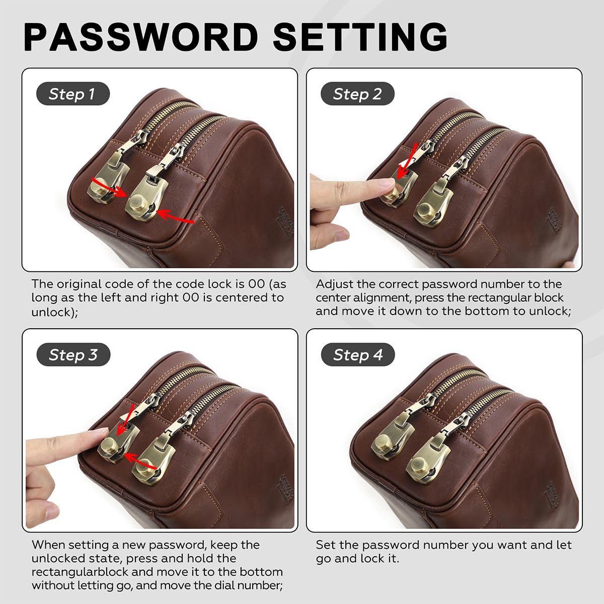 CONTACTS Full Grain Leather Toiletry Bag with Lock for Men Travel Bag Shaving Dopp Kit Organizer Clutch with Handle and Double Combination Lock