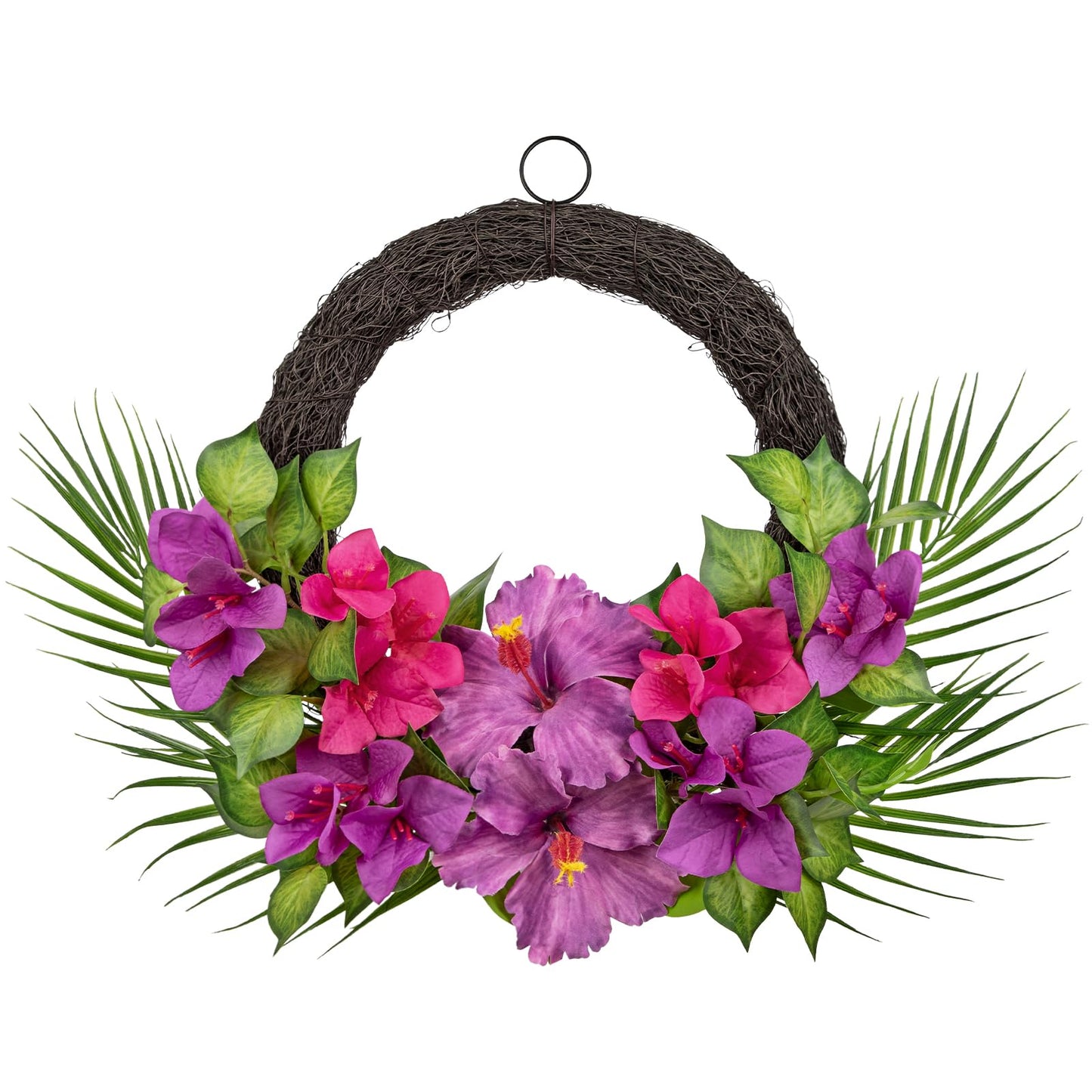 Briful Tropical Floral Wreath for Front Door, 19.6" Artificial Pink & Purple Hibiscus Flower Wreath with Palm Leaves, Summer Spring Wreaths for Wall Mantle Window Home Porch Decor