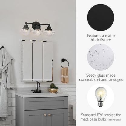 Design House Vintage-Inspired Schoolhouse 3-Light Dimmable Vanity Light, 23.125 in x 7.625 in x 9.5 in, Matte Black, Clear Seeded Glass Shades, 589143-BLK