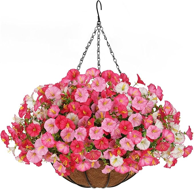 Florielle Artificial Hanging Faux Flowers Basket, Fake Silk Petunias Plants Arrangement,for Spring Summer Outdoor Decoration,UV Resistant, Morning Glorias,for Home Garden Decor (Dark Pink&White)
