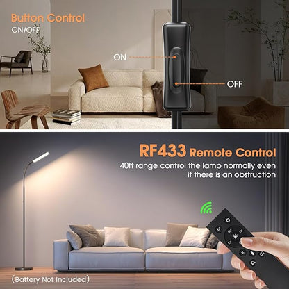 Floor Lamp, Bright 18W LED Standing Lamps for Living Room, Remote Stepless Adjustable Color and Brightness Dimmable with ON/Off Switch, Gooseneck Reading Lights for Bedroom Office, 1300LM Black
