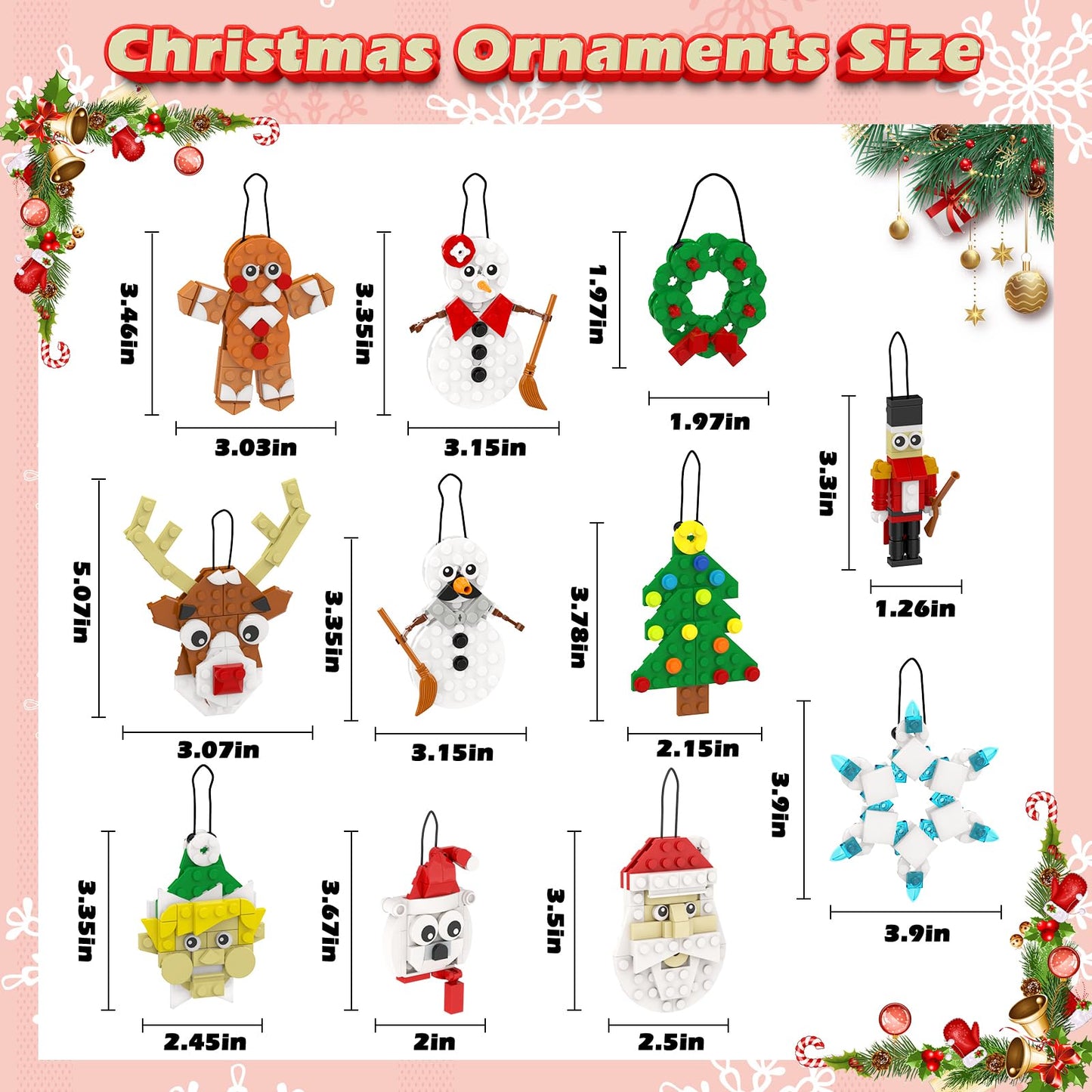EIAVURPE Christmas Ornaments Building Set, 11-in-1 Christmas Tree, Wreath, Nutcracker, Gingerbread, Polar Bear, Snowflake, Reindeer, Santa, Stocking Stuffers Toy Gifts for Boys Girls Kids Ages 6+.