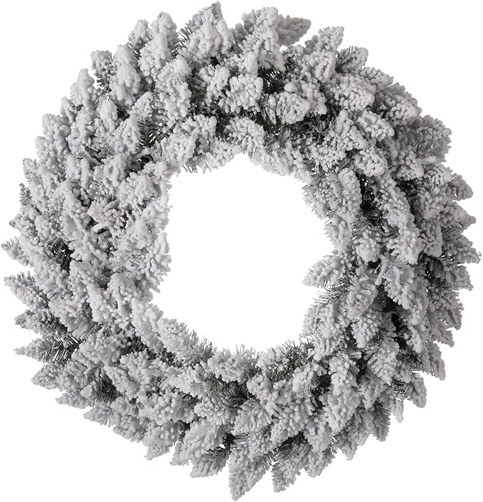 Glitzhome 24" D Pre-Lit Snow Flocked Christmas Wreath with Warm White LED Lights and Timer Artificial Decoration Wreath for Front Door Wall Window Indoor Outdoor Christmas Decorations