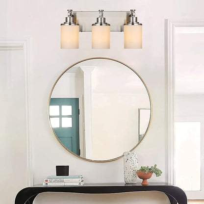 MELUCEE 3 Light Vanity Lights, Brushed Nickel Bathroom Light Fixtures with Milky White Glass Shade, Modern Wall Lights for Mirror Living Room Dressing Room Hallway, E26 Base