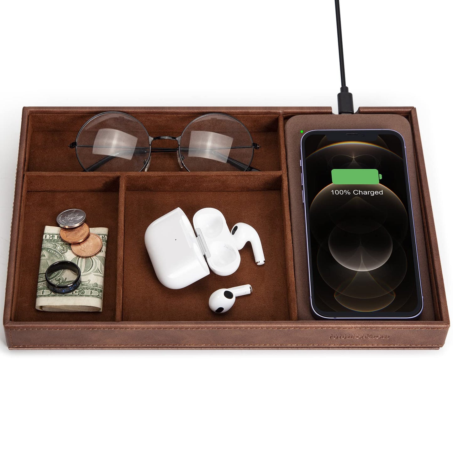 Valet Tray, Built in Wireless Charging Pad, Nightstand Organizer, Dresser Organizer, Mens Jewelry Box, Valet Charging Station, Faux Leather Valet Tray for Men and Women, Brown