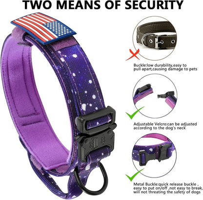 Tactical Dog Collar - Adjustable Military Nylon with Control Handle & Heavy Metal Buckle | Large Purple Sky