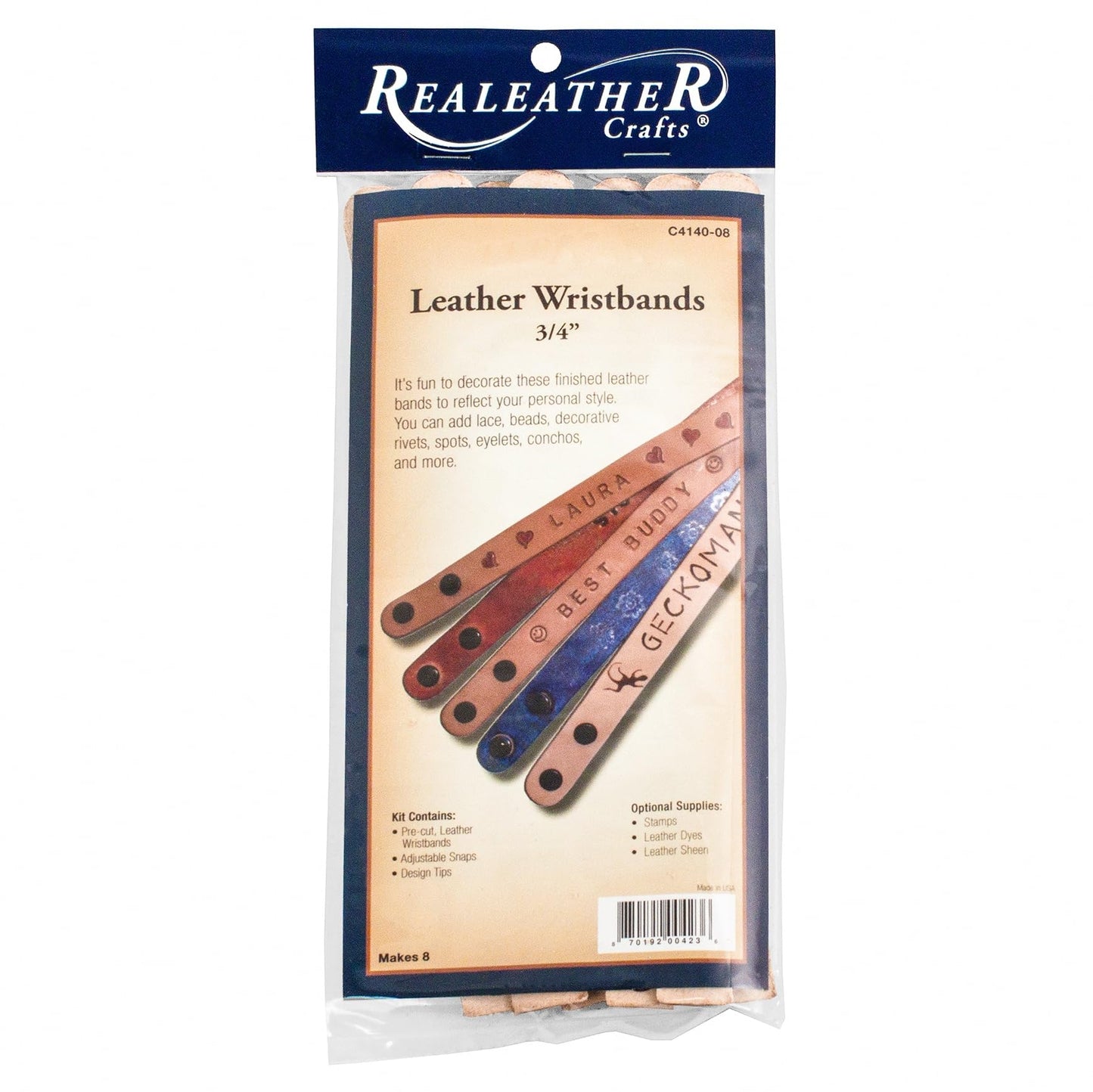 Realeather C4140-08 Narrow Leather Wristbands with Snap Closure, 7.5” to 8.5” L X .75" W, Natural, 8-Pack