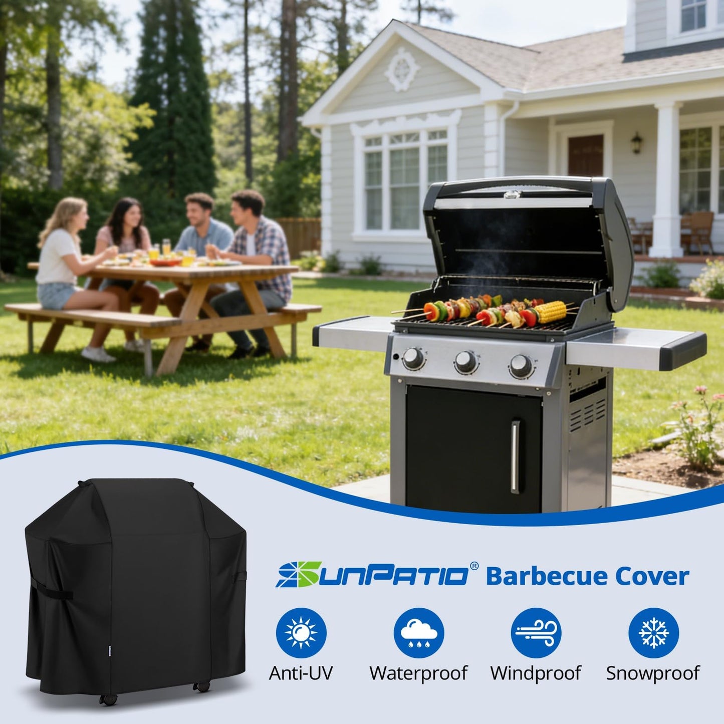 SunPatio BBQ Grill Cover 52 Inch, Outdoor Durable Waterproof Gas Barbecue Cover, Compatible for Weber Spirit 200 and 300 Series, Charbroil and Kenmore Grills, Compared to Weber 7106, 52" x 26" x 43"H