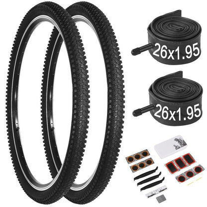 26 Inch Bike Tire, 2Pack 26 x 1.95 Bike Tires & Tubes with Repair Kit, Folding Portable 26 MTB Tires, Replaceable Bicycle Tires 26x1.95 with Inner Tubes and Levers for City Roads, Muddy Trails