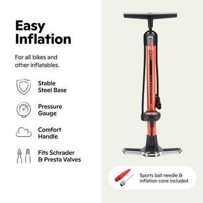 Schwinn Air Center Plus Floor Pump, For Mountain, Cruiser and Electric Bikes, 120 PSI, Soft Grip Handle, with Sports Ball Needle and Dual Head for Schrader and Presta Valves, Manual Air Pump