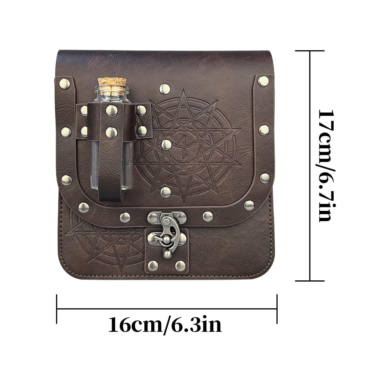 HiiFeuer Medieval Alchemy Faux Leather Belt Bag with Cork Potion Vials, Fantasy Wizard Waist Pouch Side Pack for Halloween (Brown C)