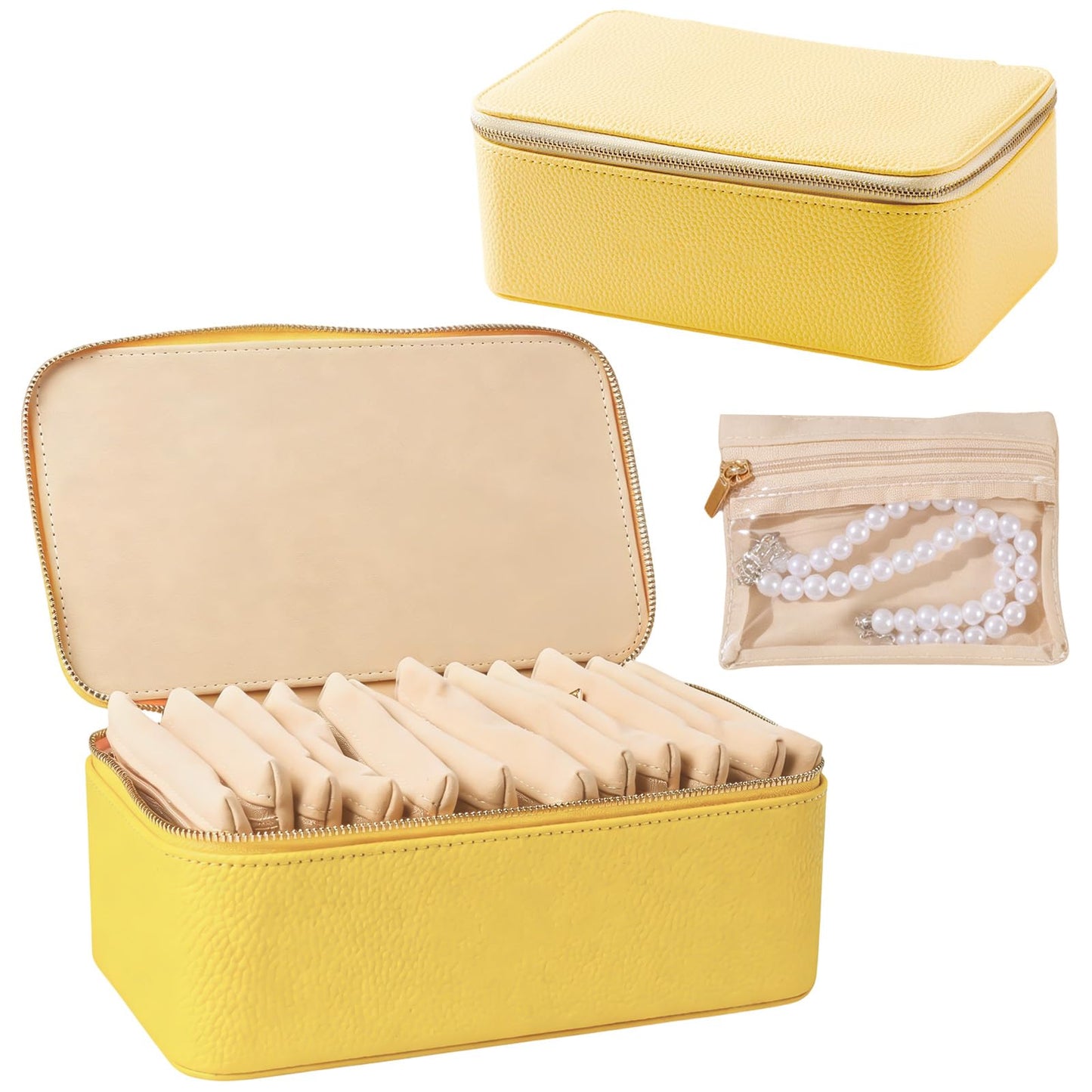Yaliang Travel Jewelry Organizer, Travel Jewelry Box with 12 Velvet Zipped Pouches Bags for Jewelries Necklaces Rings Earrings Sorting Storage for Women Girl Gifts, Butter Yellow
