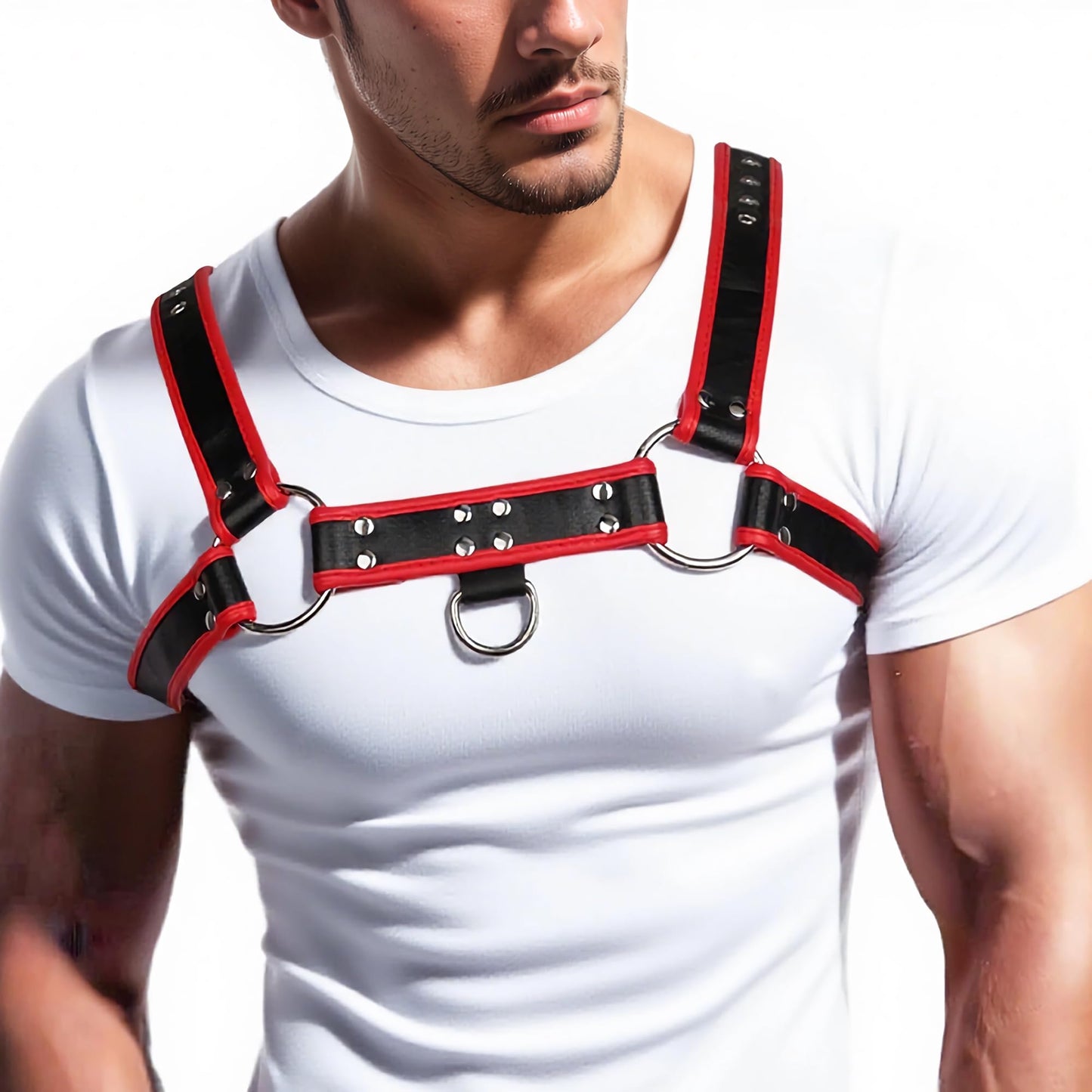 Mens PU Leather Chest Harness Top, Male Adjustable Shoulder Harness Strap Punk Fashion Styling Fantasy Costume for Music Festival Halloween Party Cosplay (Red)