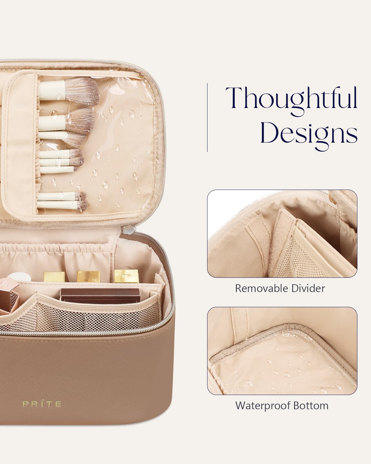 Prite Makeup Bag, Large Capacity Cosmetic Bag for Women and Girls, Waterproof PU Leather Travel Makeup Case, Toiletry Organizer with Handle and Divider for Skincare and Brushes - Brown