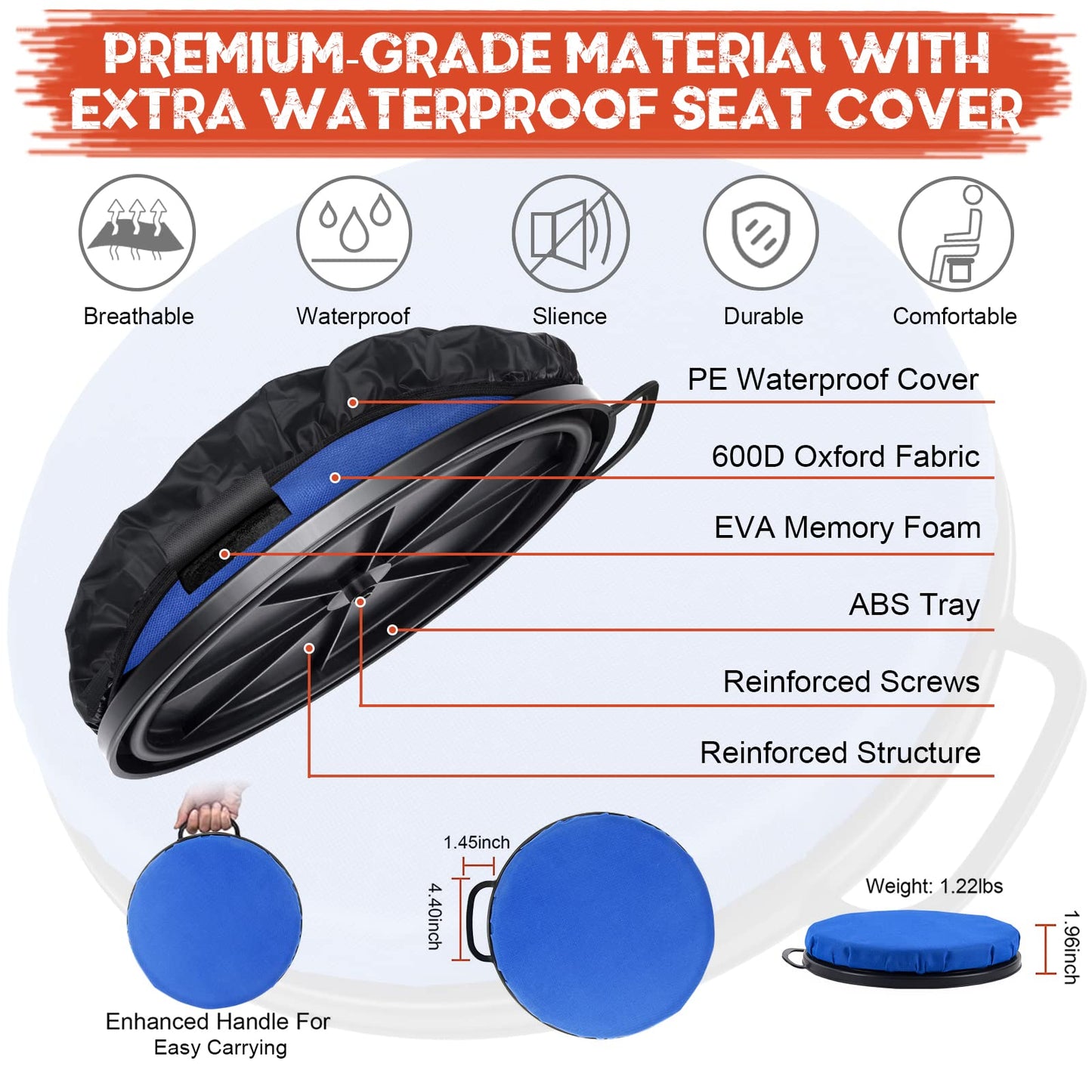 WarBull 5 Gallon Bucket Seat, 360-Degree Swivel Bucket Cushion, Padded Bucket Lid, for Baseball, Softball, Fishing and Hunting, Quiet, Comfortable, Waterproof, Blue