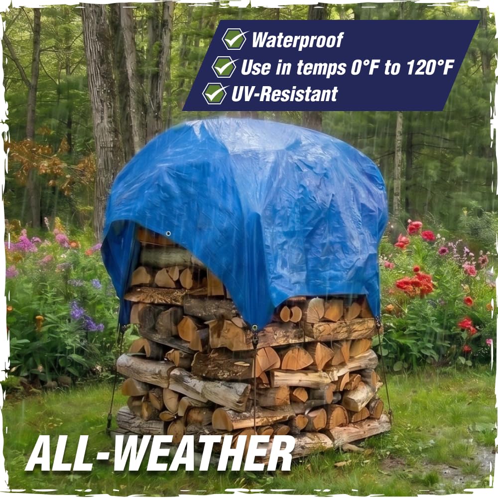 RUGGED RHINO Heavy Duty Waterproof Tarp, UV and Tear Resistant Cover with Reinforced Grommets and Corners, Outdoor Multipurpose Tarps for Camping, Patio, Garden, Car & Roof, 5 Mil, 6x8, 1 Pack, Blue