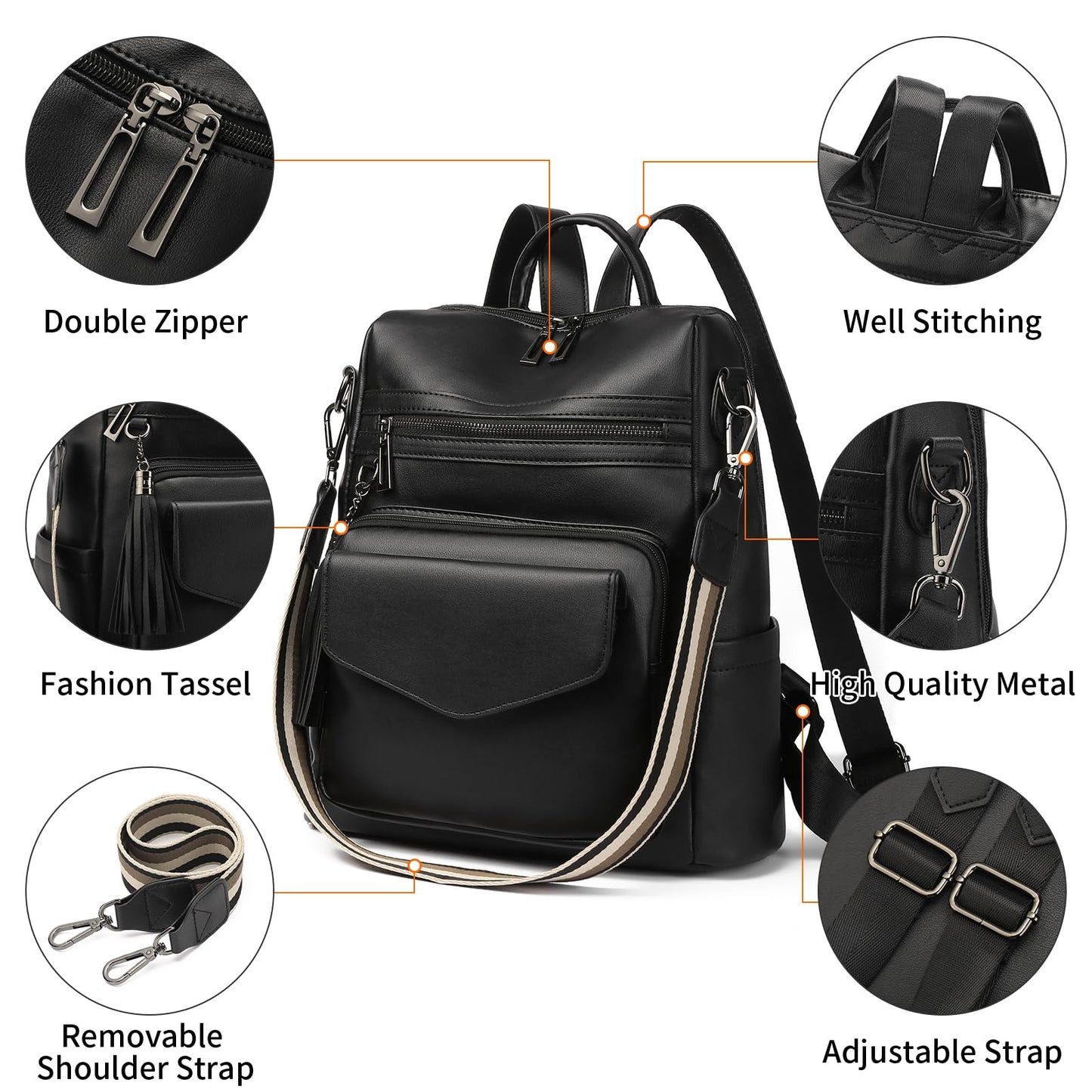 GAEKEAO Backpack Purse for Women Fashion Leather Designer Travel Backpack Purses Convertible Shoulder Bag with Wristlet (Shiny Black)
